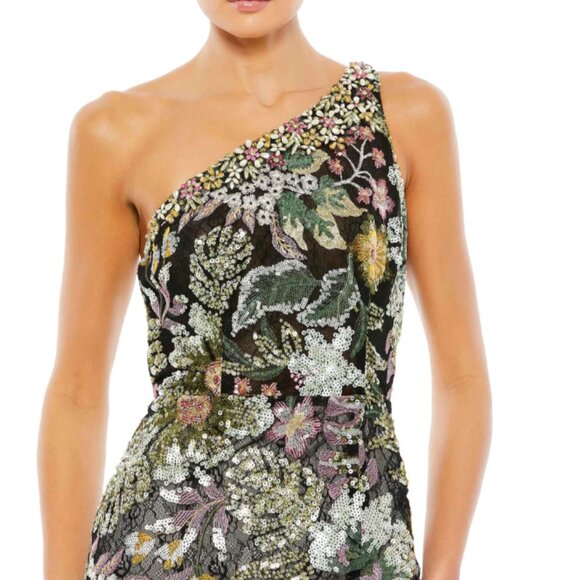MAC DUGGAL 49574 EMBELLISHED FLORAL ONE SHOULDER BLACK MULTI DRESS sz 8 - Picture 3 of 5